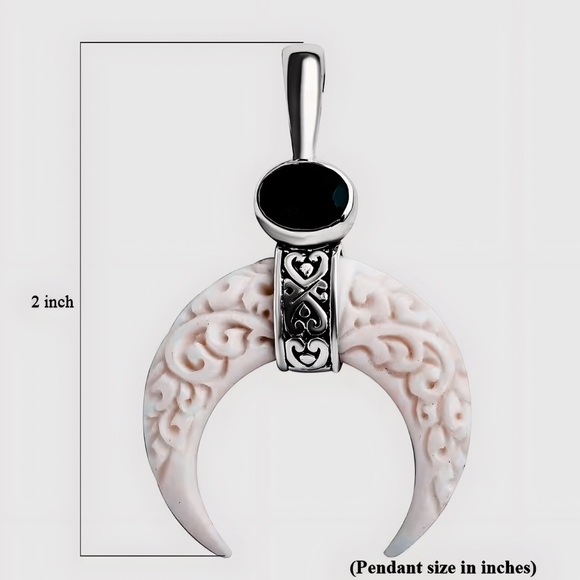 Hand Carved Bone Crescent Moon Sterling Silver Natural Chrome Diopside Pendant - Picture 5 of 5